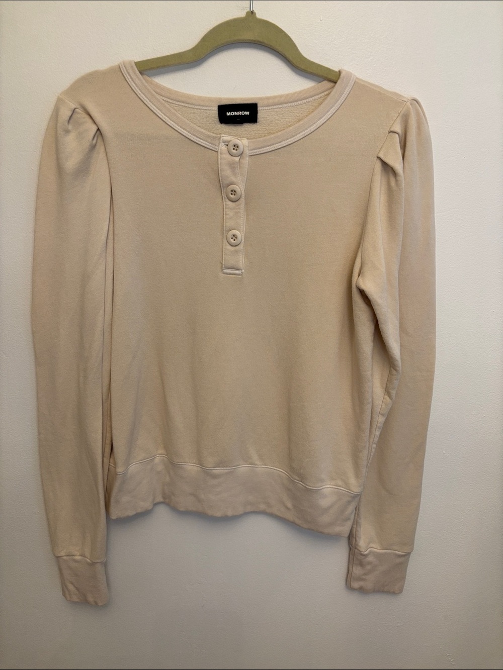 Monrow Elevated Henley Sweatshirt Puff Sleeve Cream Size S